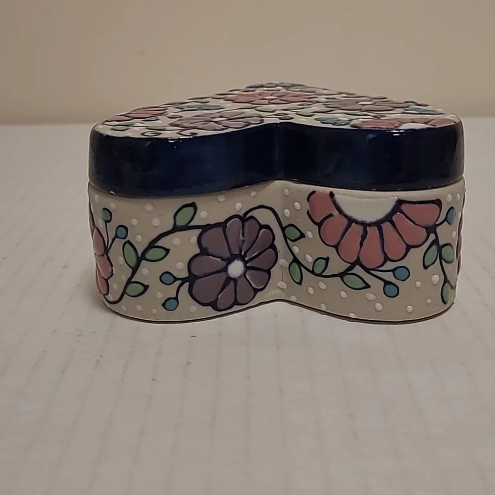 Handmade Mexican Floral Heart Shaped Trinket Box /Stash Box